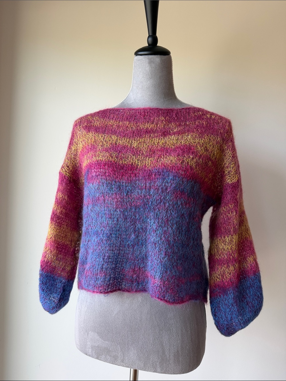 Cozy Multicolor Fuzzy Crewneck Sweater - Pink, Blue & Yellow